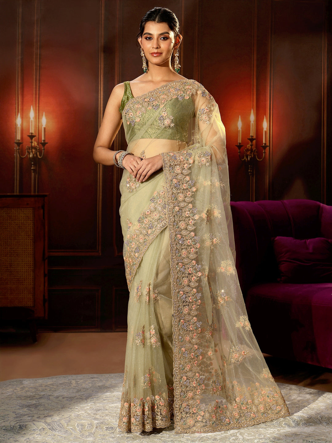  Libas Pista Green Floral Embroidered Net Saree 