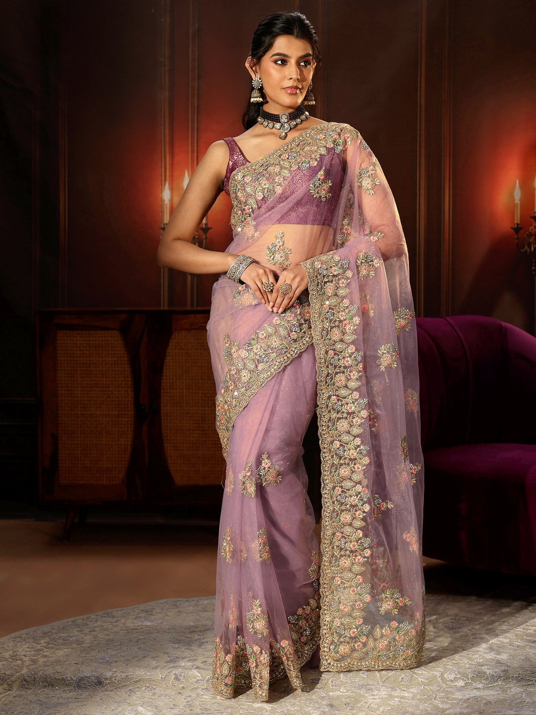  Libas Lilac Floral Embroidered Net Saree 