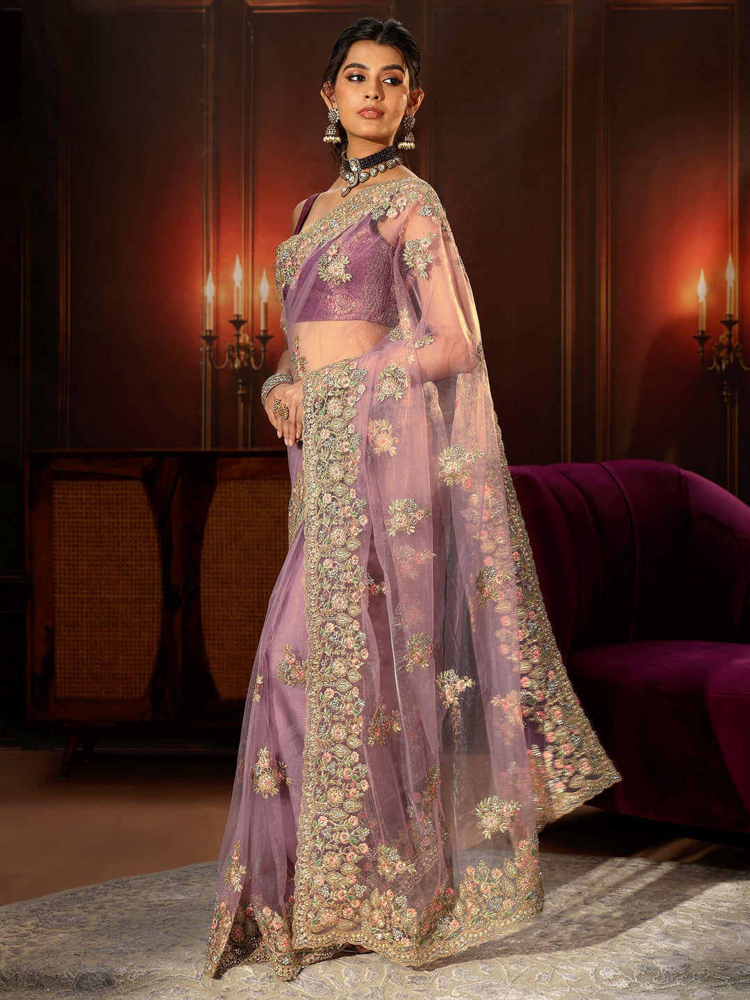  Libas Lilac Floral Embroidered Net Saree 