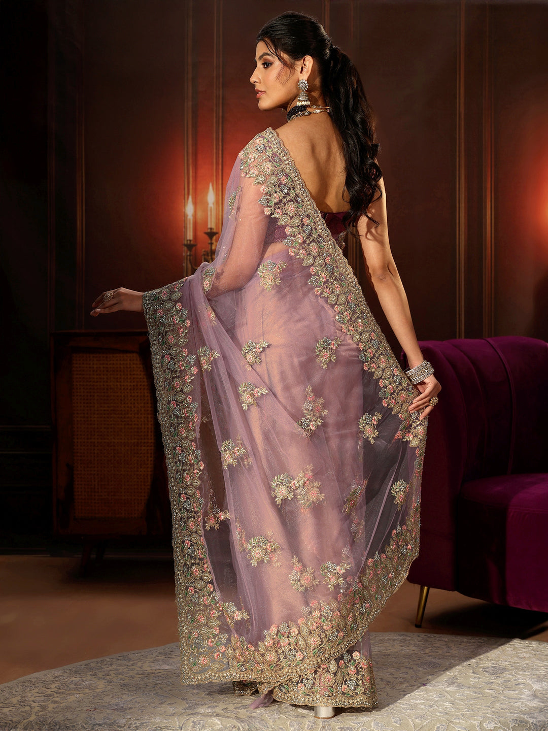  Libas Lilac Floral Embroidered Net Saree 