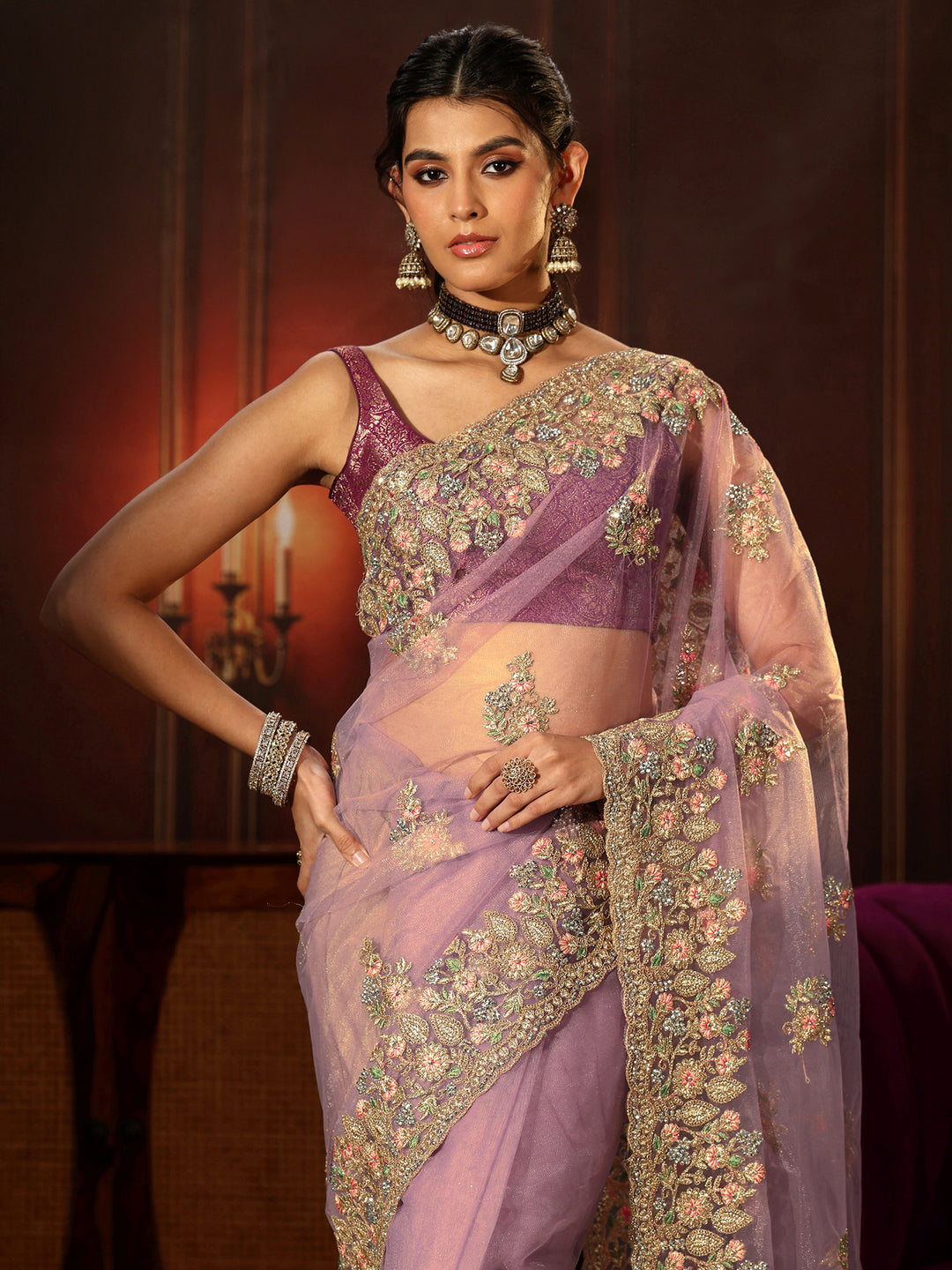  Libas Lilac Floral Embroidered Net Saree 