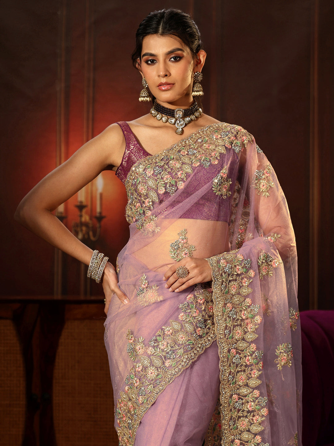  Libas Lilac Floral Embroidered Net Saree 