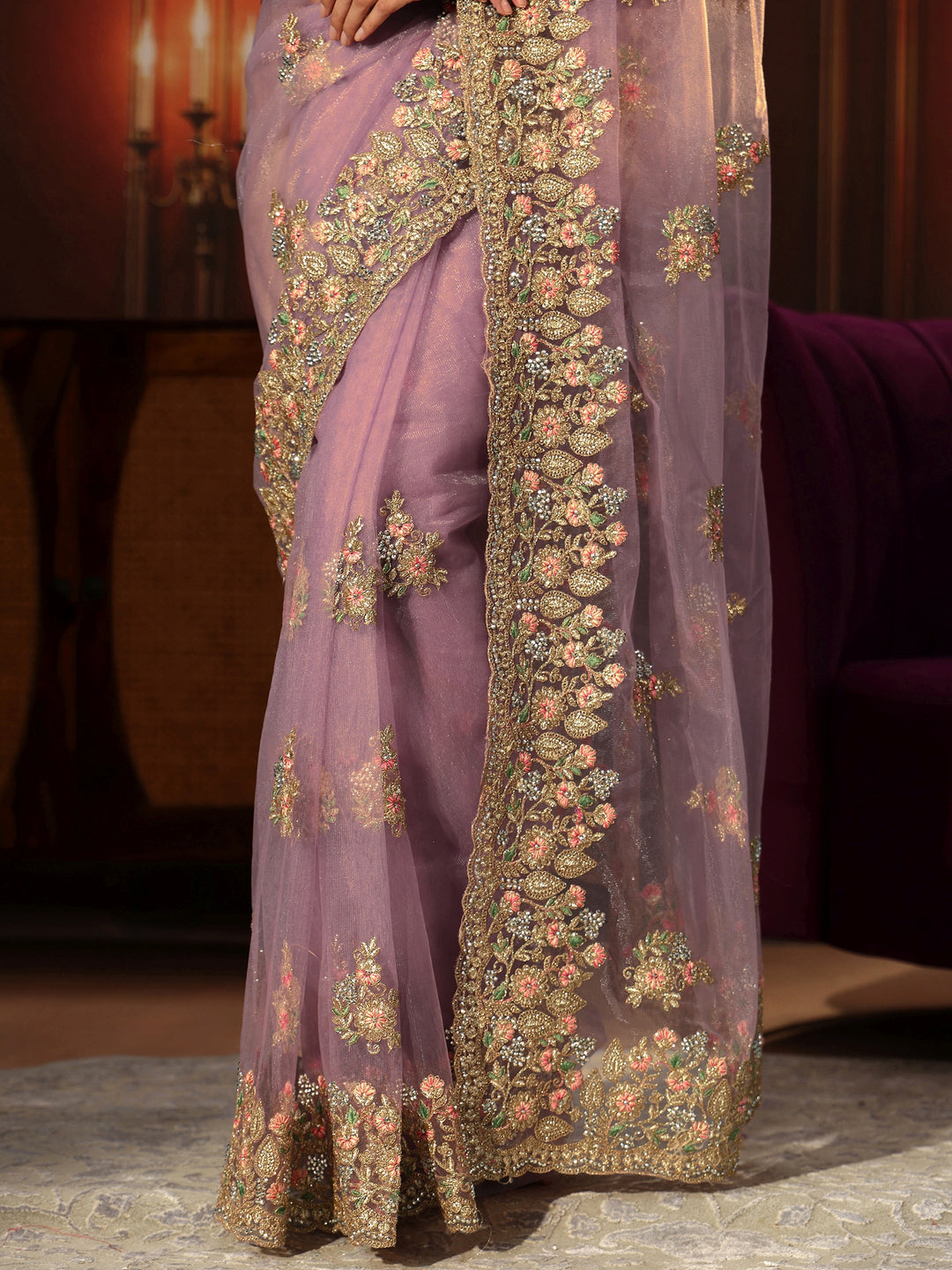  Libas Lilac Floral Embroidered Net Saree 