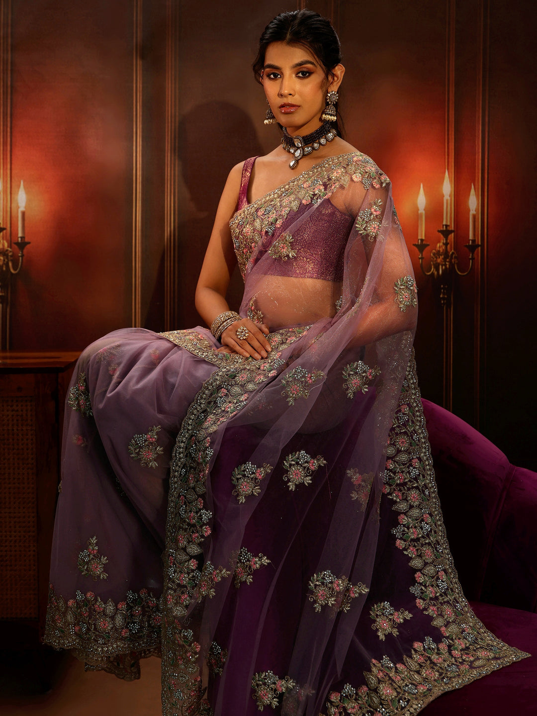  Libas Lilac Floral Embroidered Net Saree 