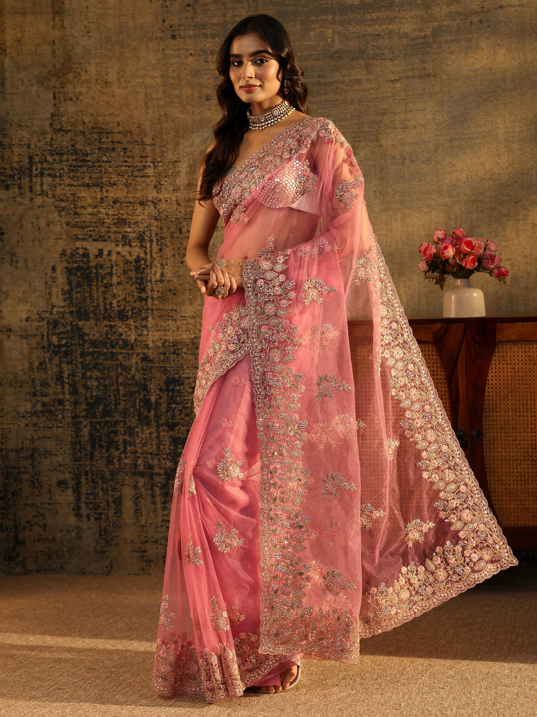  Libas Baby Pink Floral Embroidered Net Saree 