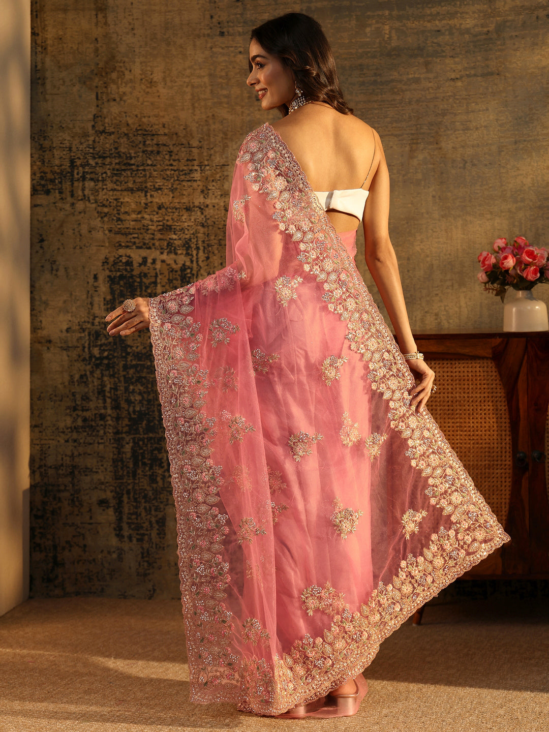  Libas Baby Pink Floral Embroidered Net Saree 