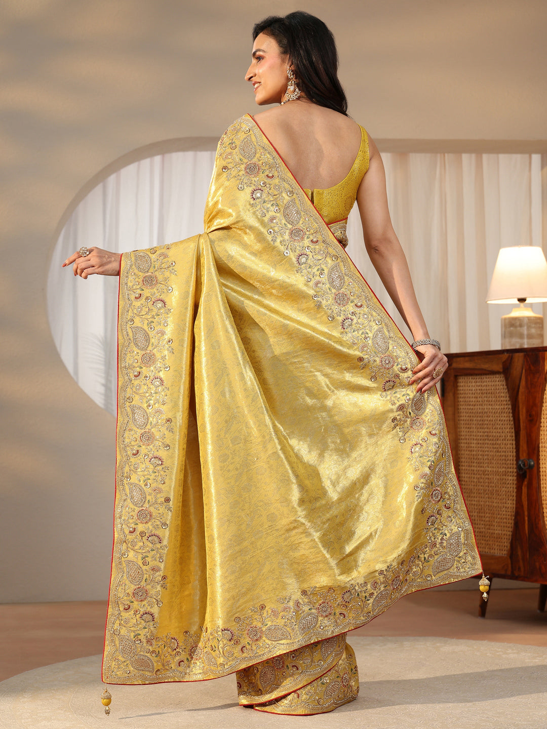  Libas Green Woven Design Satin Saree With Embellished Border 