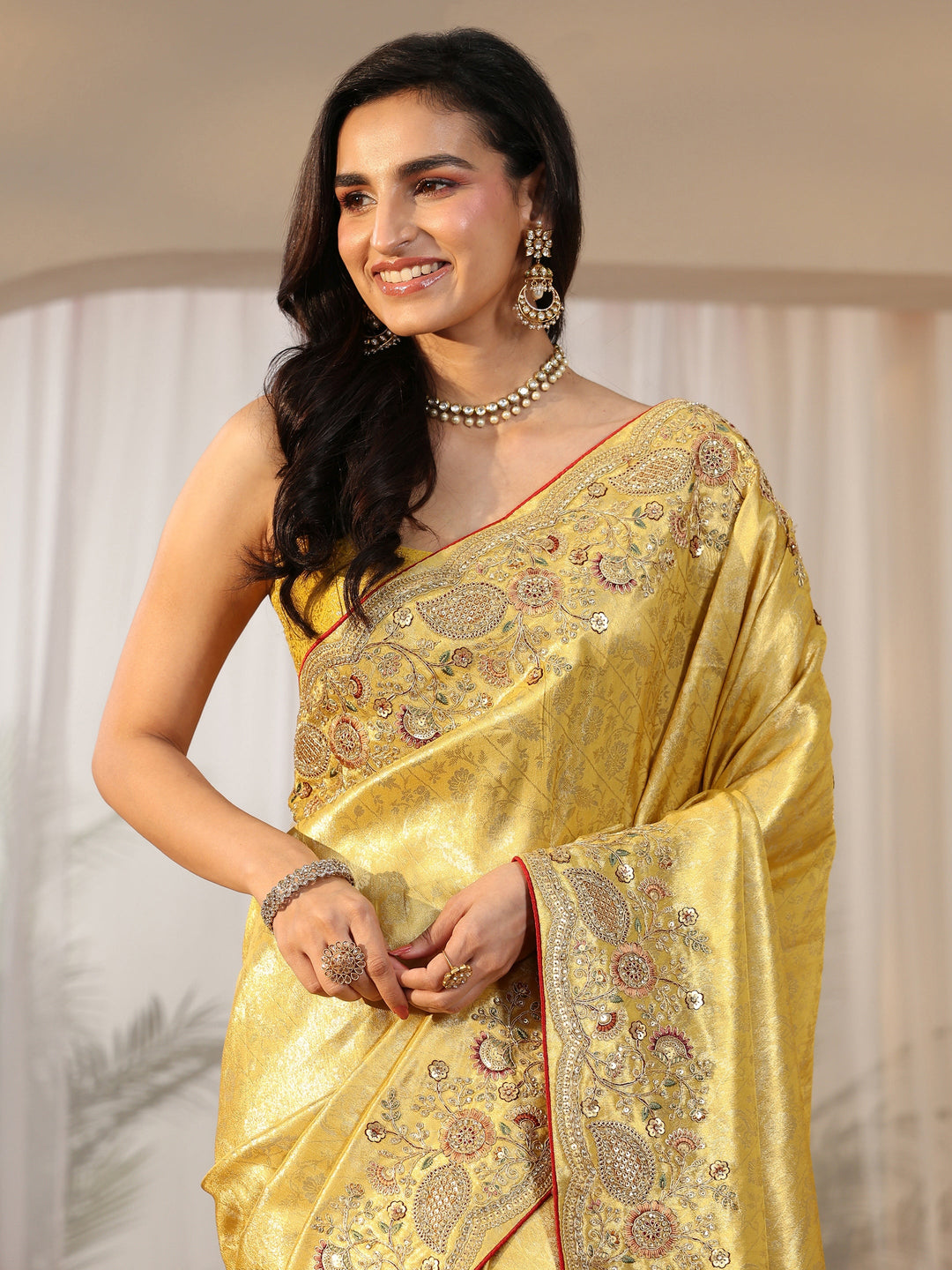  Libas Green Woven Design Satin Saree With Embellished Border 