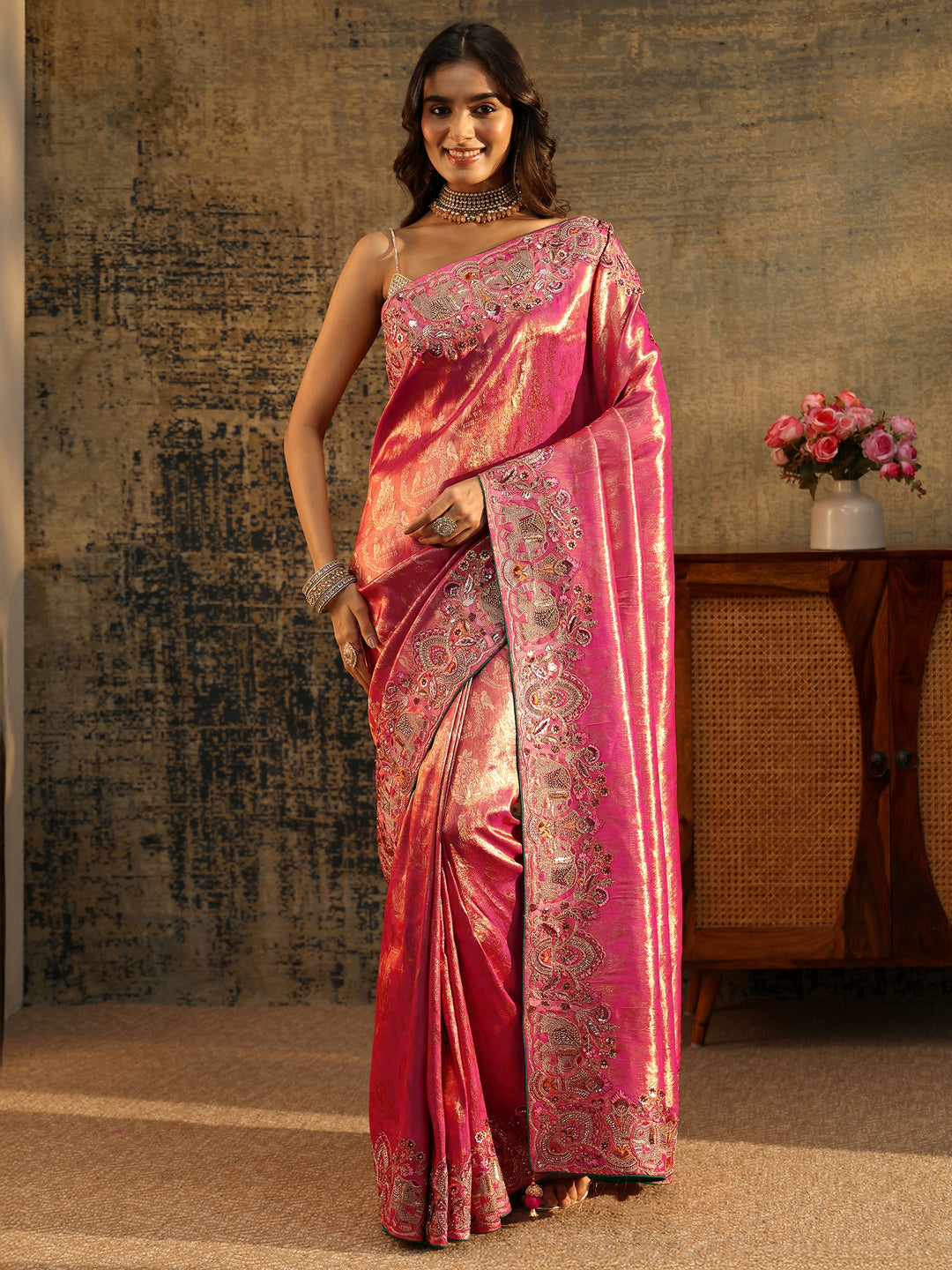  Libas Art Rani Pink Floral Woven Saree with Embellished Saree 