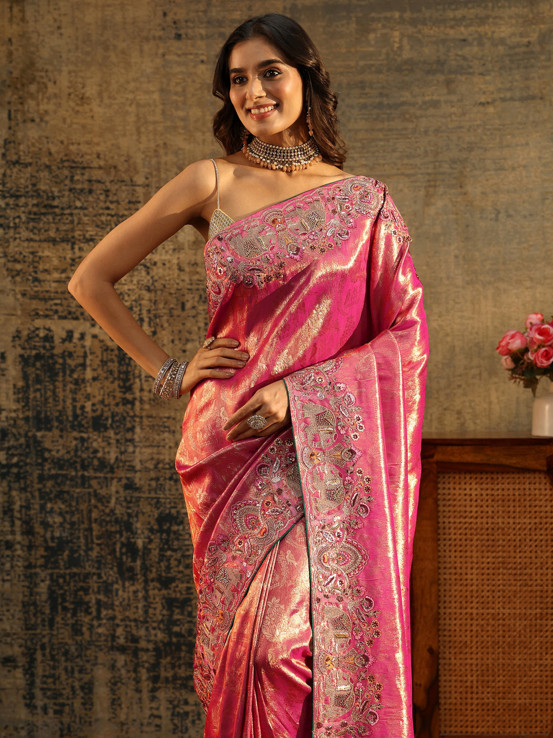  Libas Art Rani Pink Floral Woven Saree with Embellished Saree 