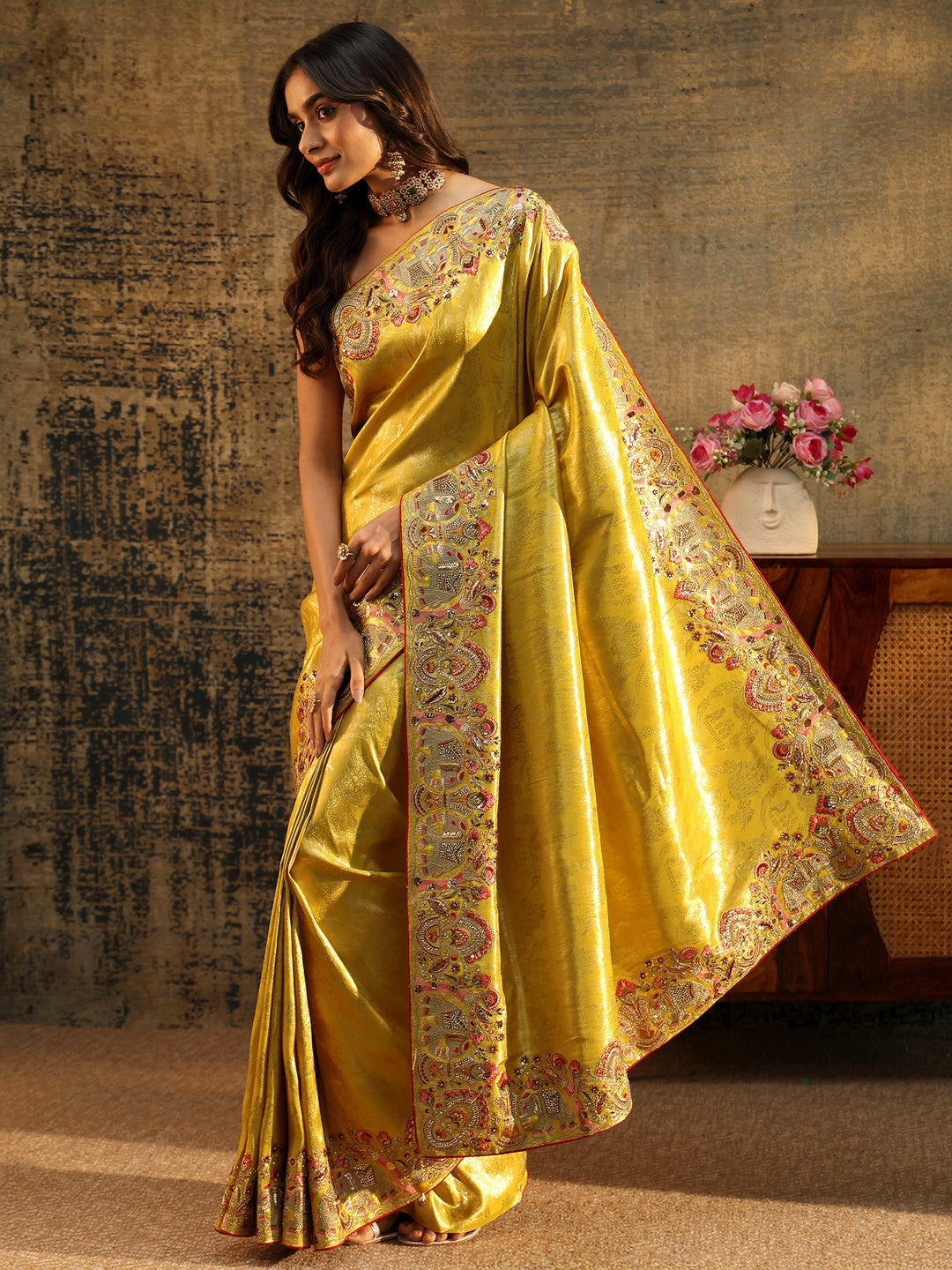  Libas Art Mustard Floral Woven Saree with Embellished Saree 
