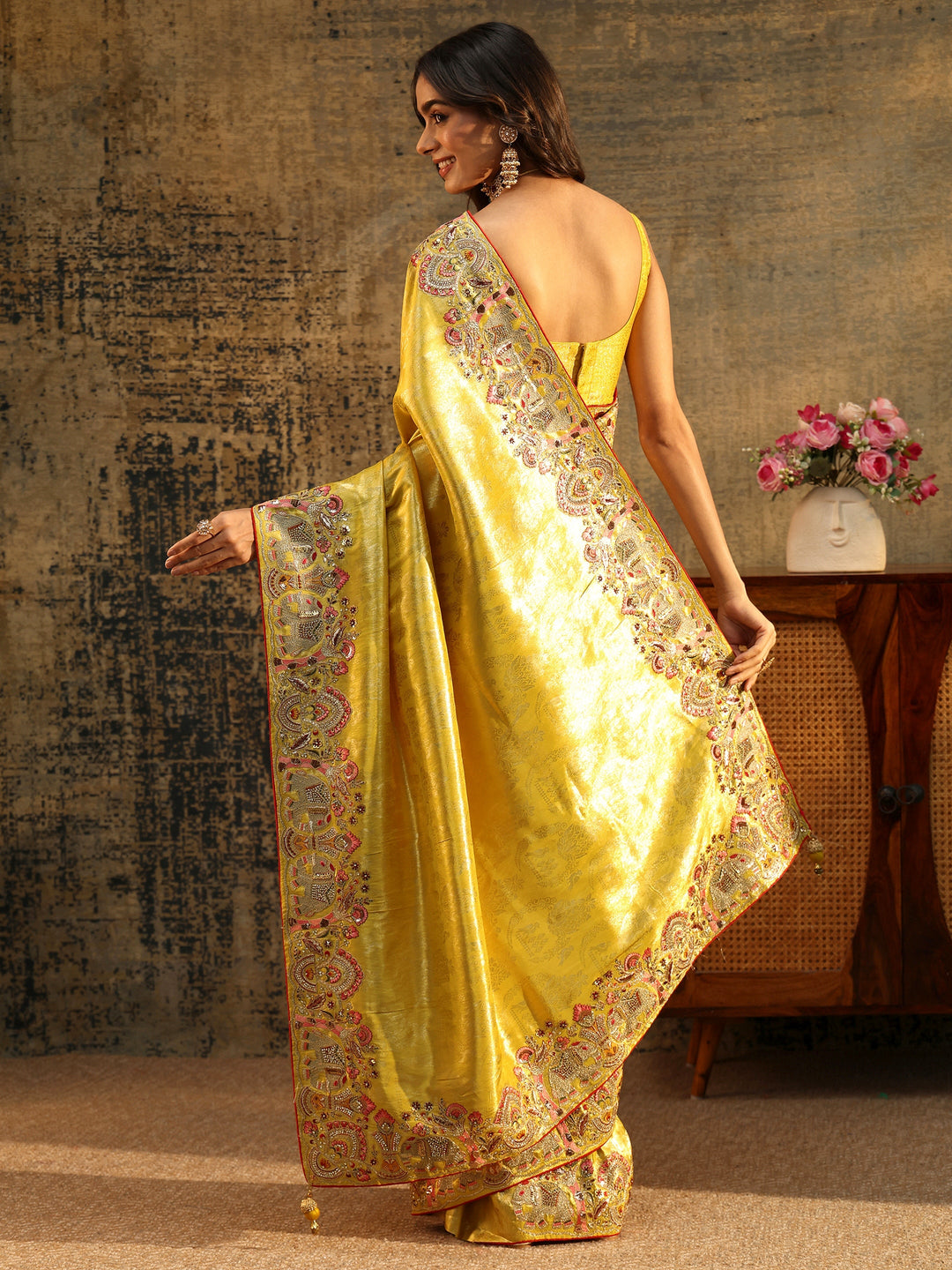  Libas Art Mustard Floral Woven Saree with Embellished Saree 