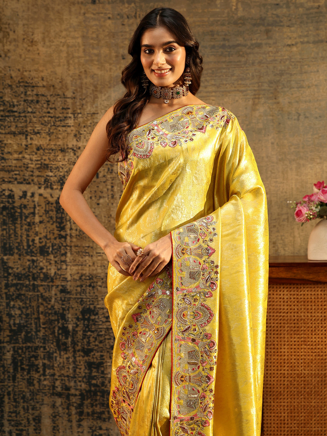  Libas Art Mustard Floral Woven Saree with Embellished Saree 