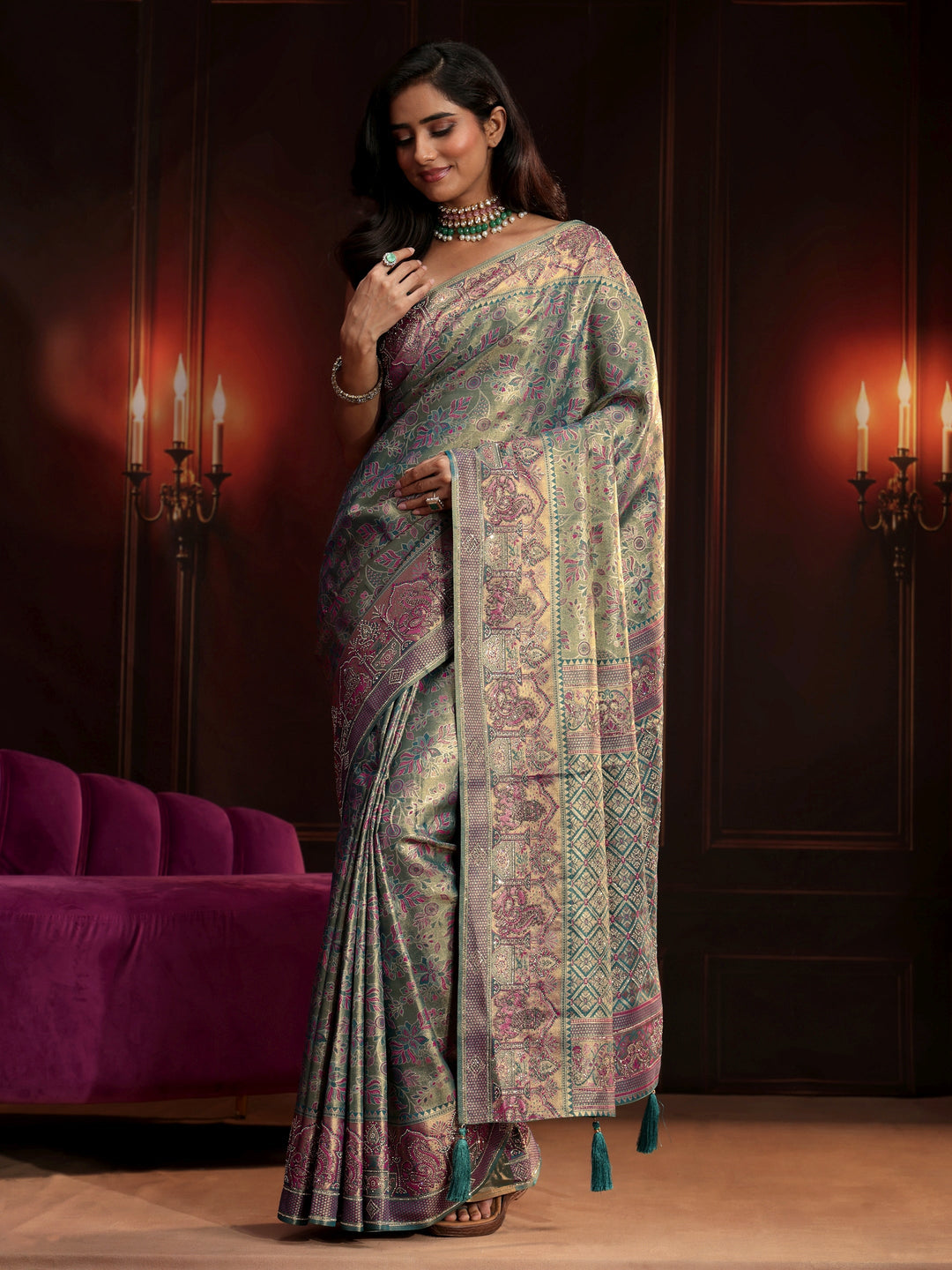  Libas Art Deep Sage Green Floral Woven Design Silk Blend Saree 