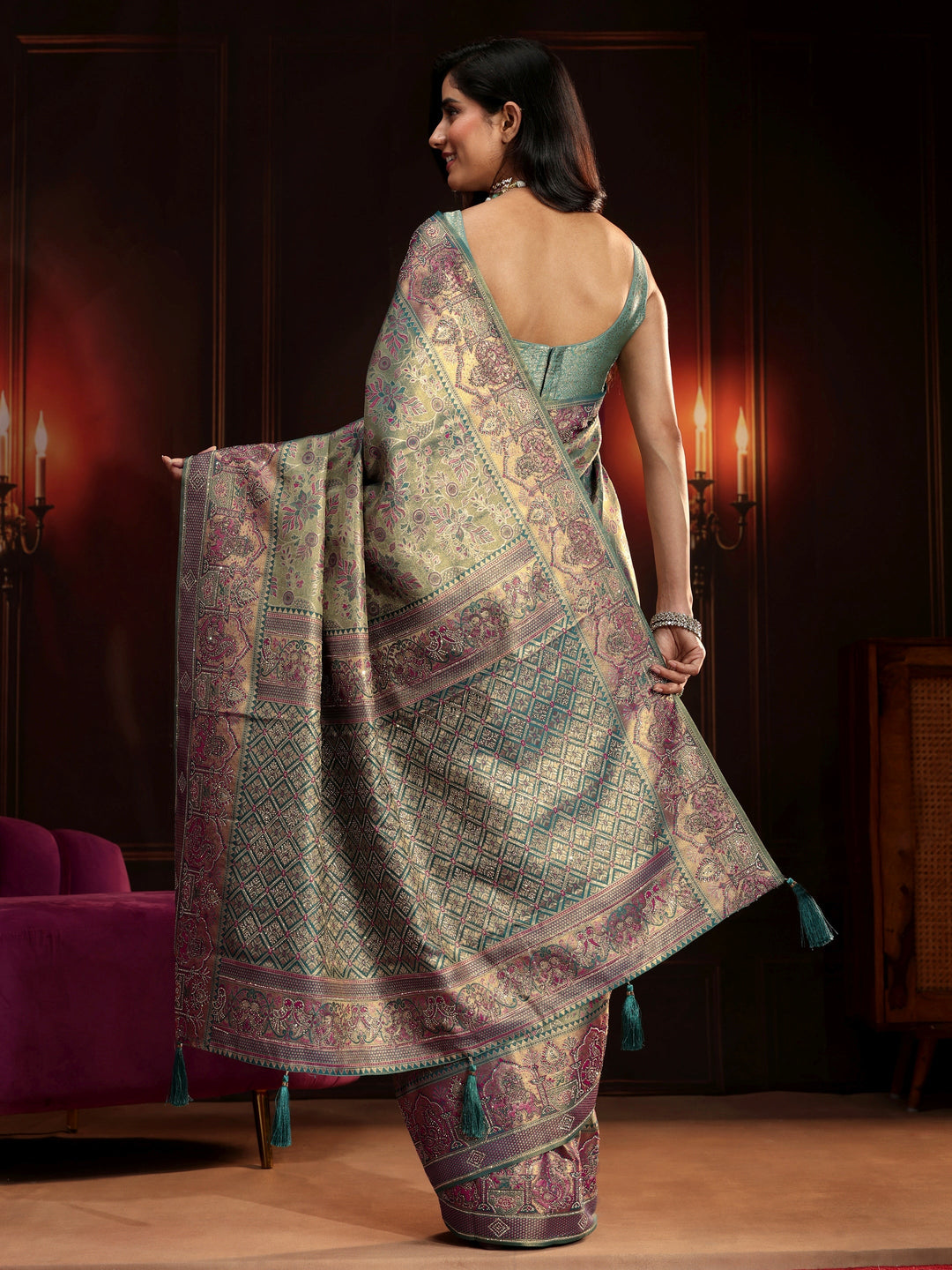  Libas Art Deep Sage Green Floral Woven Design Silk Blend Saree 