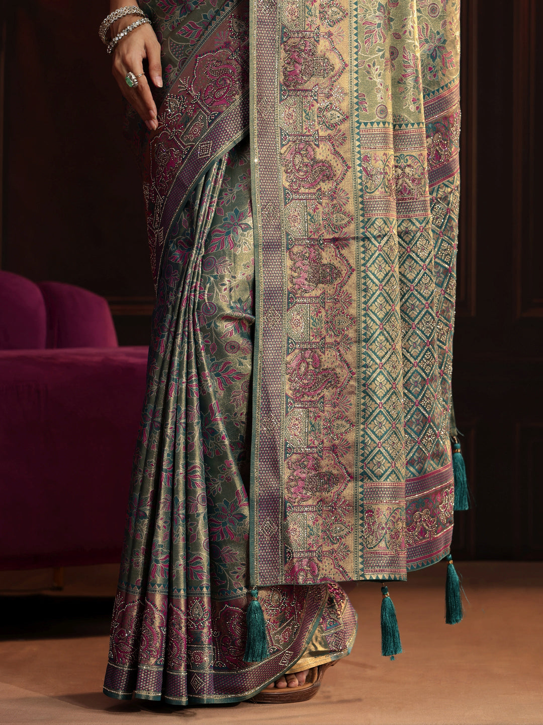  Libas Art Deep Sage Green Floral Woven Design Silk Blend Saree 