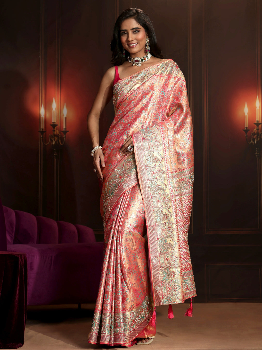  Libas Art Peach Pink Floral Woven Design Silk Blend Saree 