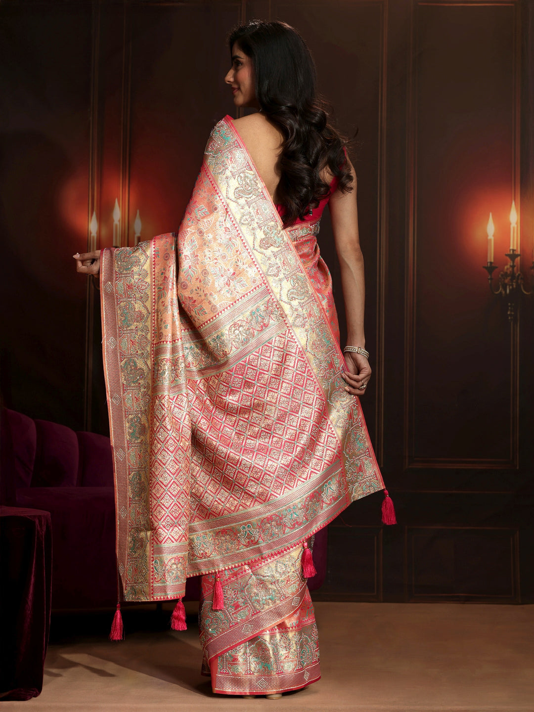  Libas Art Peach Pink Floral Woven Design Silk Blend Saree 