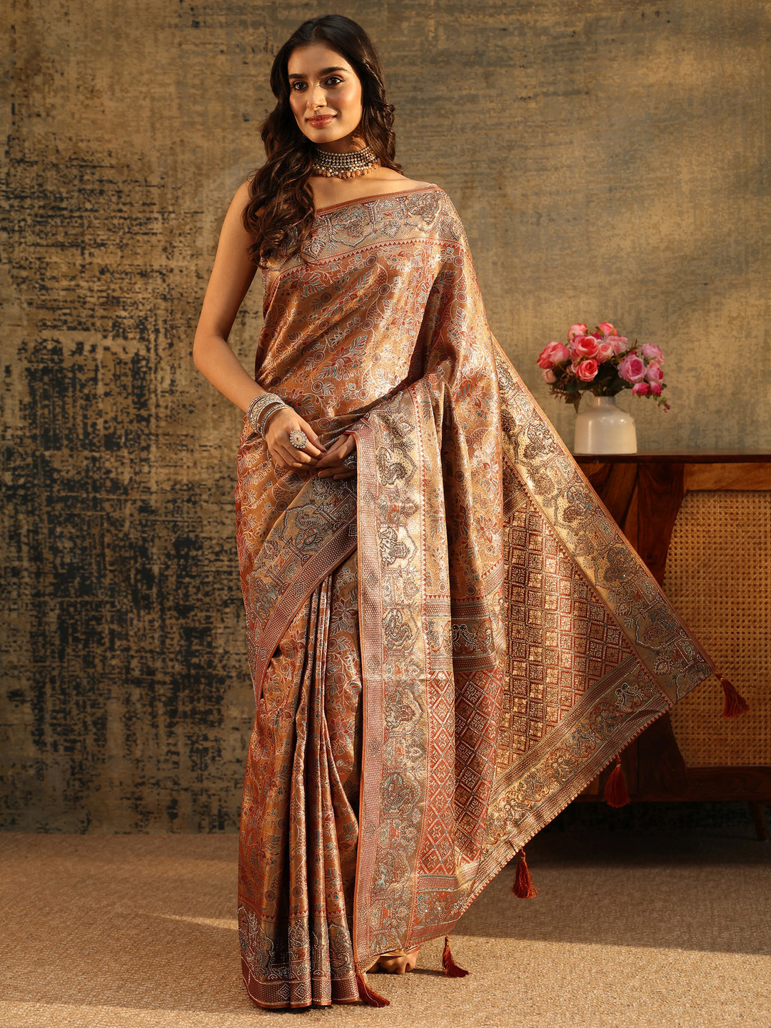  Libas Art Brown Jamawar Woven Silk Blend Saree 