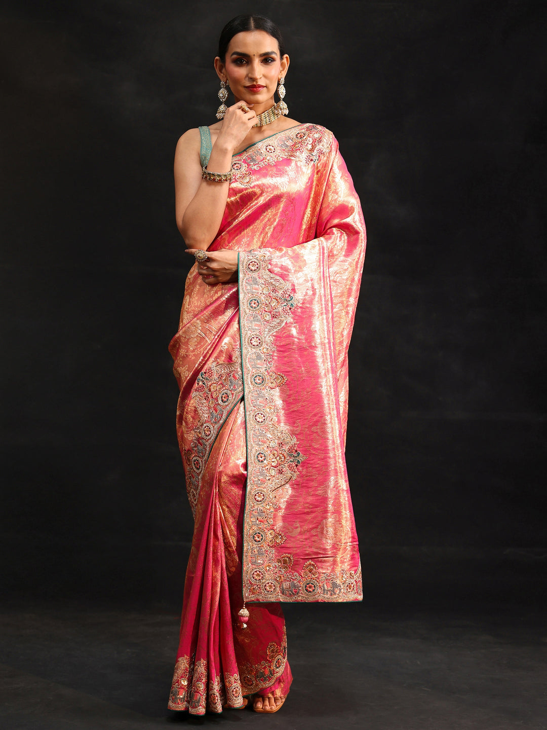  Libas Art Rose Pink Woven Design Saree with Embroidered Border 