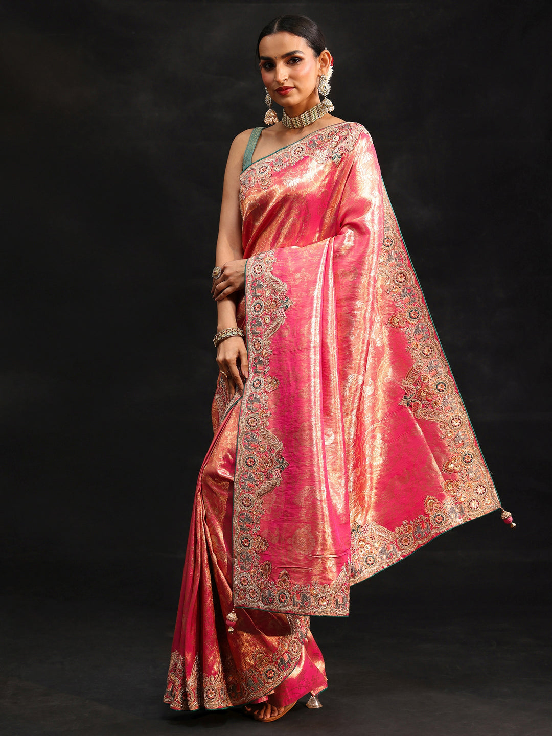  Libas Art Rose Pink Woven Design Saree with Embroidered Border 
