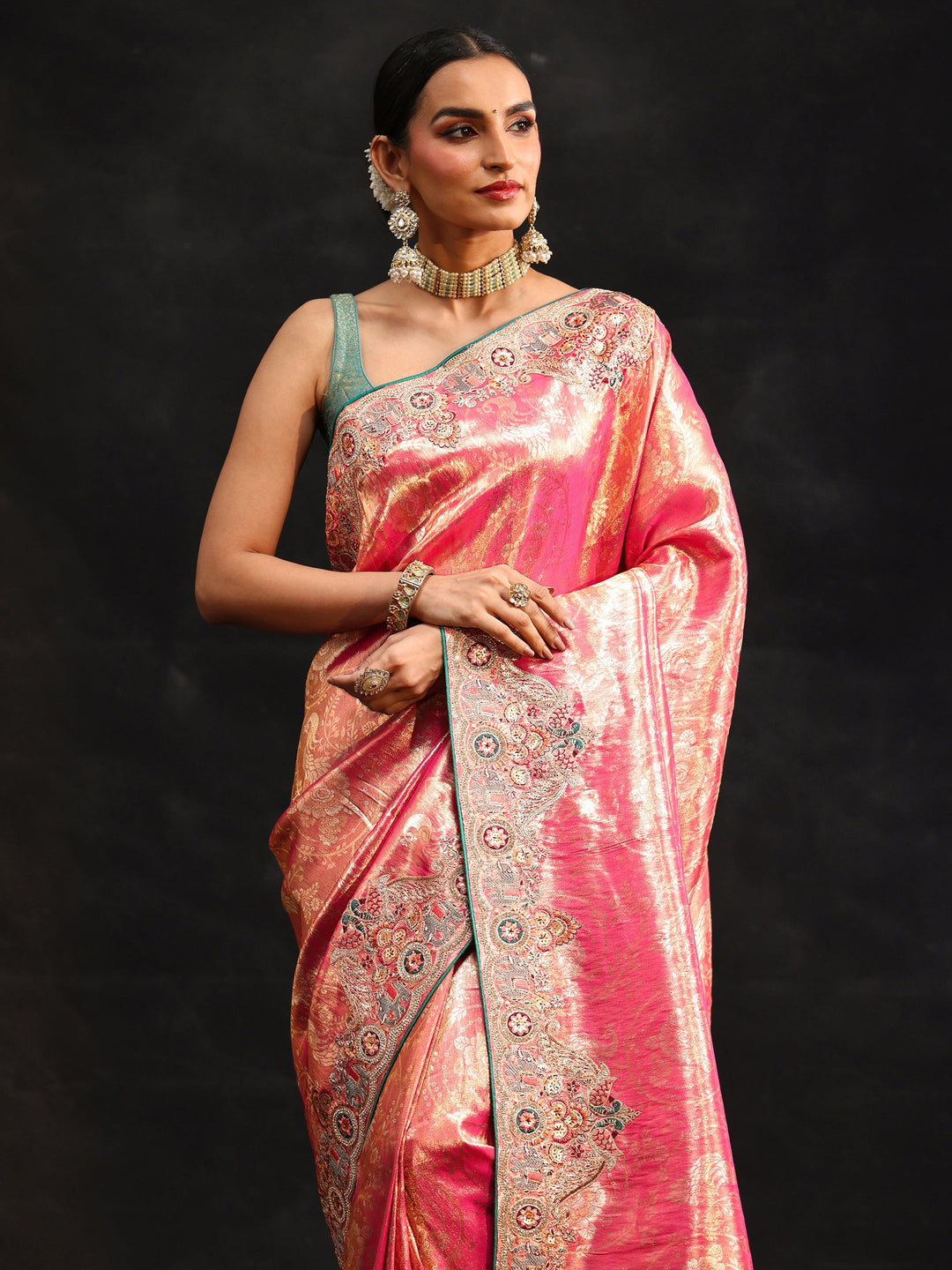  Libas Art Rose Pink Woven Design Saree with Embroidered Border 
