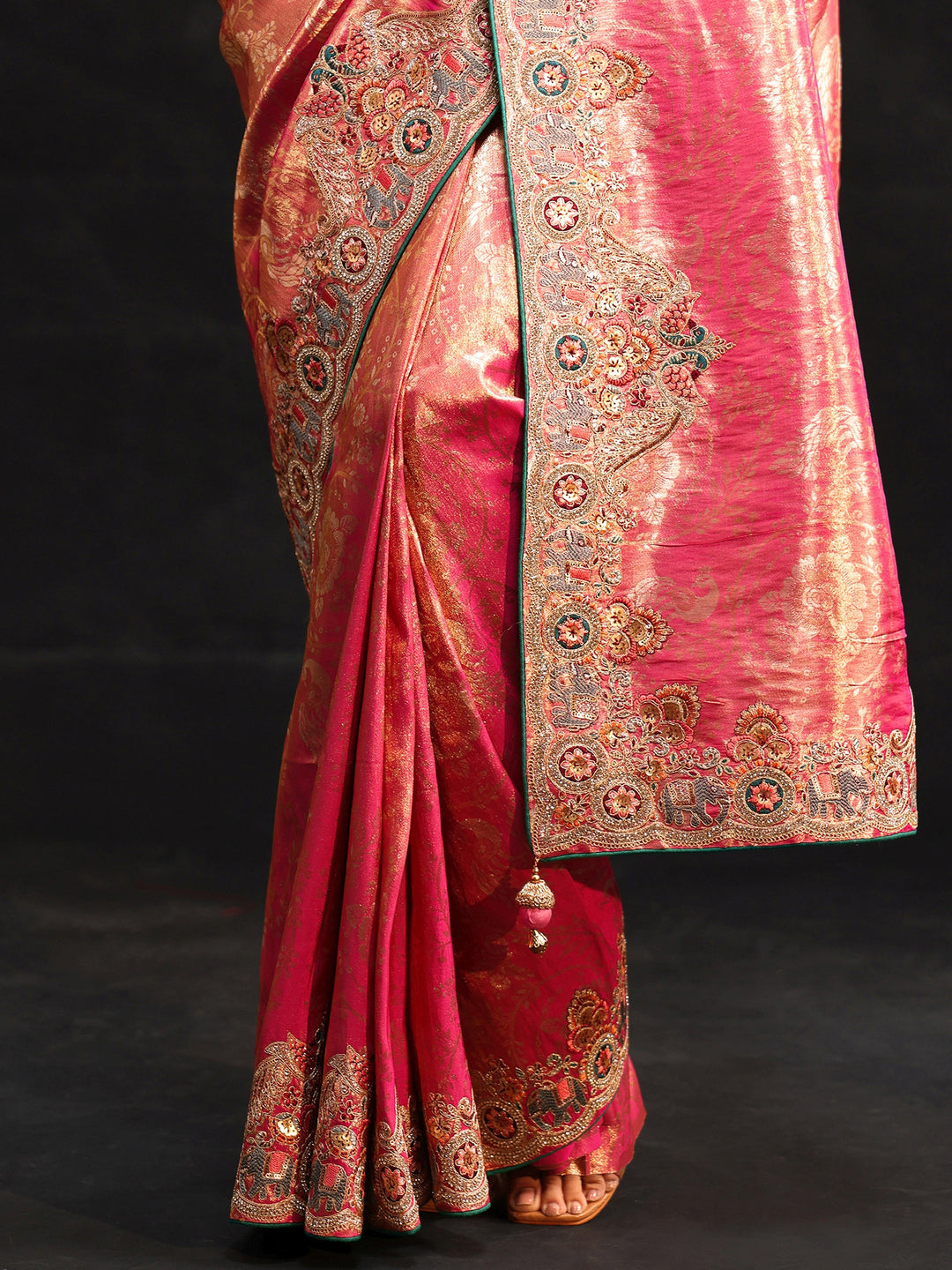  Libas Art Rose Pink Woven Design Saree with Embroidered Border 