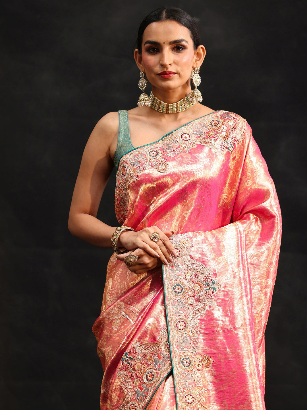  Libas Art Rose Pink Woven Design Saree with Embroidered Border 