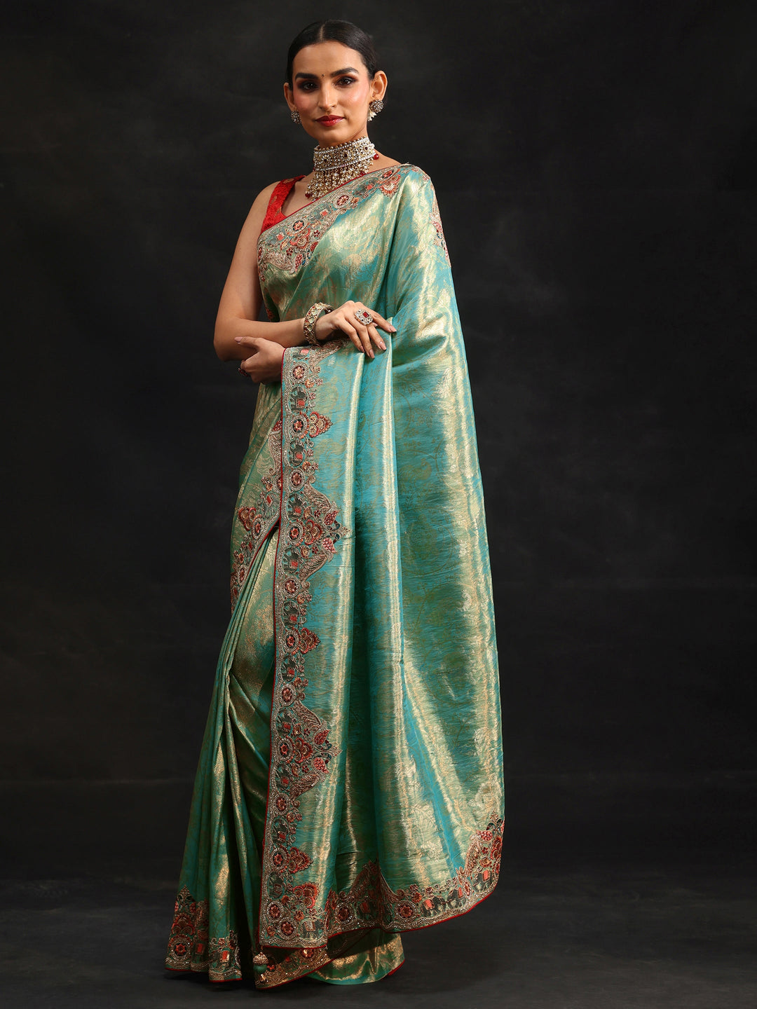  Libas Art Aqua Blue Woven Design Saree with Embroidered Border 