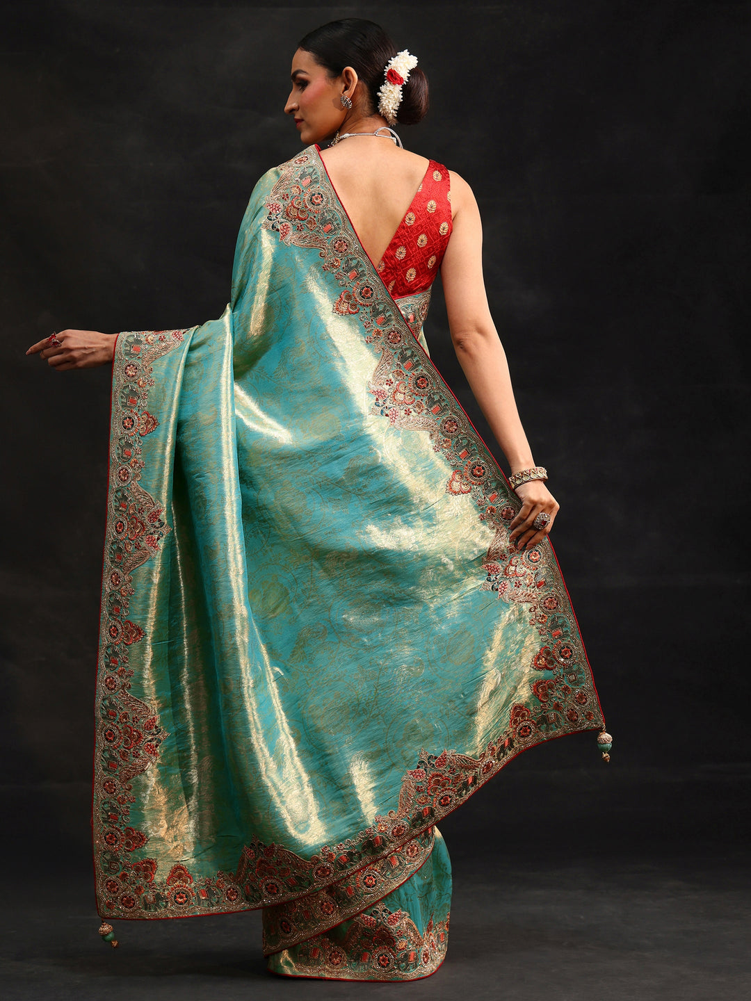  Libas Art Aqua Blue Woven Design Saree with Embroidered Border 