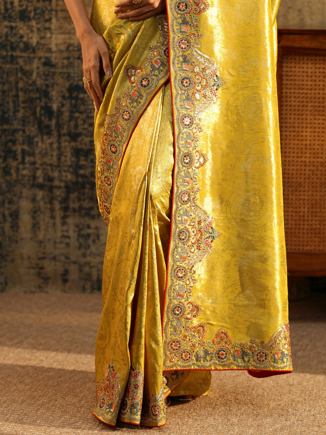  Libas Art Chartreuse Green Woven Silk Blend Saree with Embellished Saree 