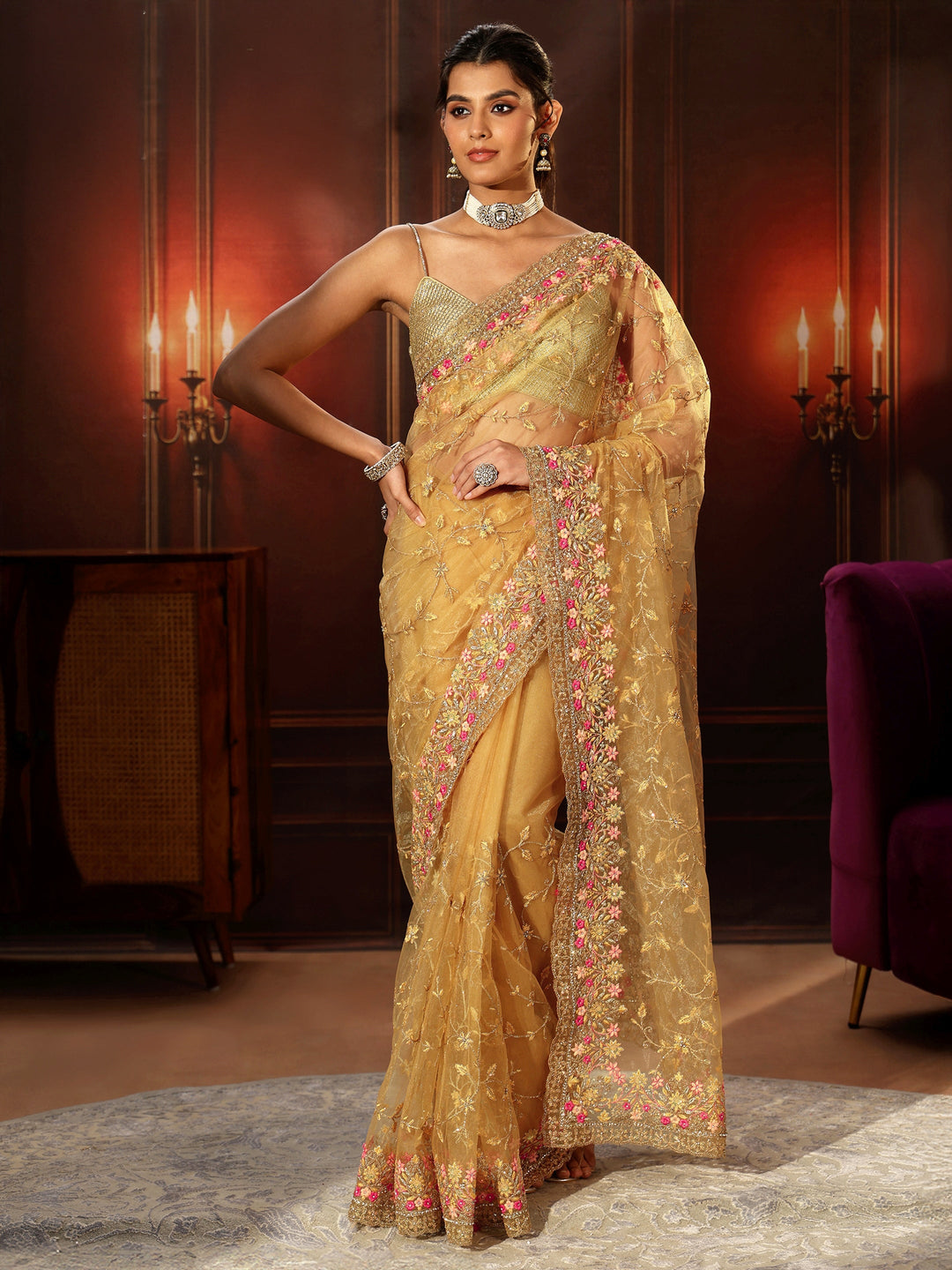  Libas Mustard Floral Embroidered Net Saree 
