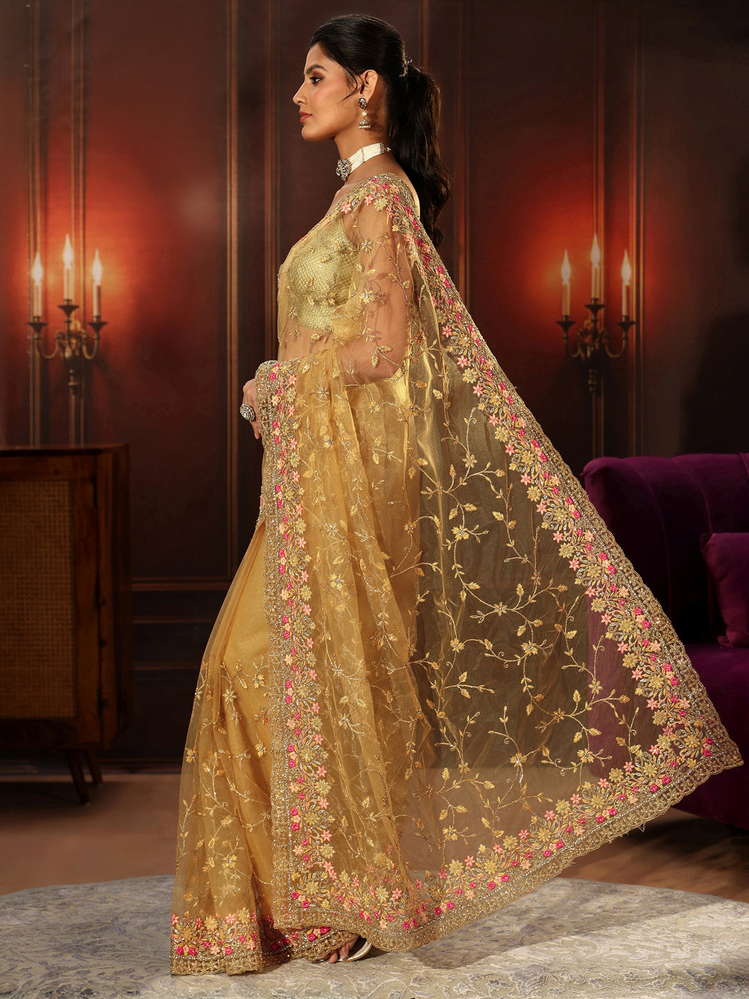  Libas Mustard Floral Embroidered Net Saree 