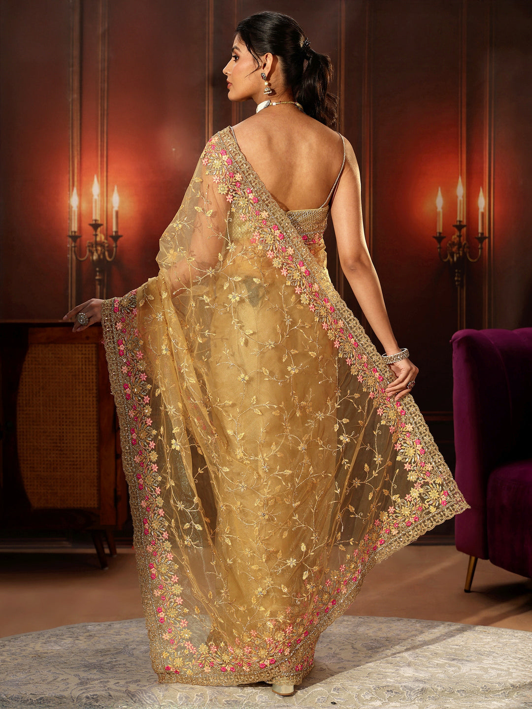  Libas Mustard Floral Embroidered Net Saree 
