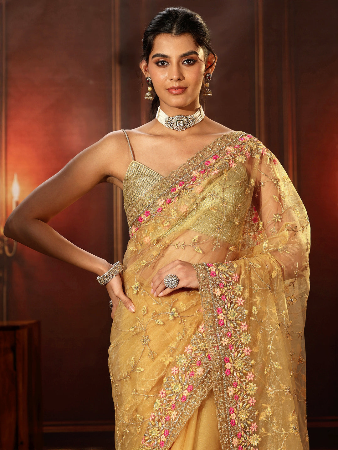  Libas Mustard Floral Embroidered Net Saree 