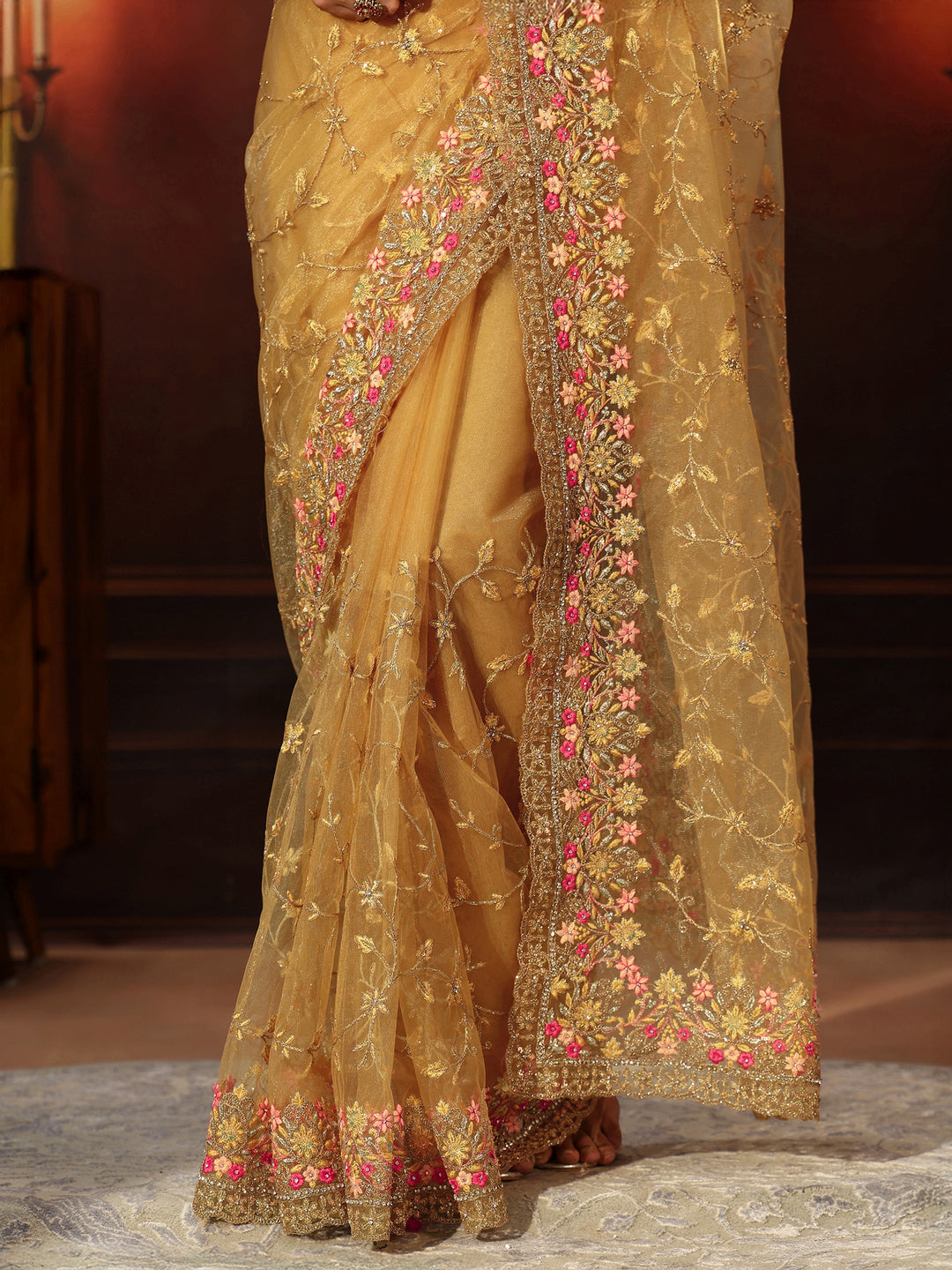 Libas Mustard Floral Embroidered Net Saree 