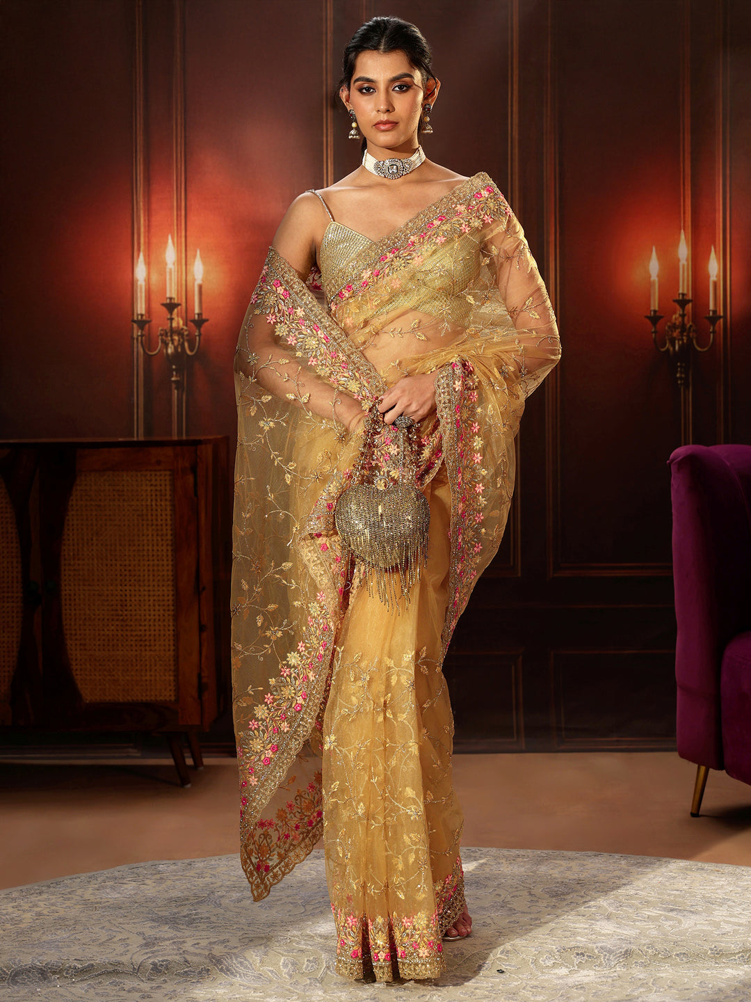  Libas Mustard Floral Embroidered Net Saree 