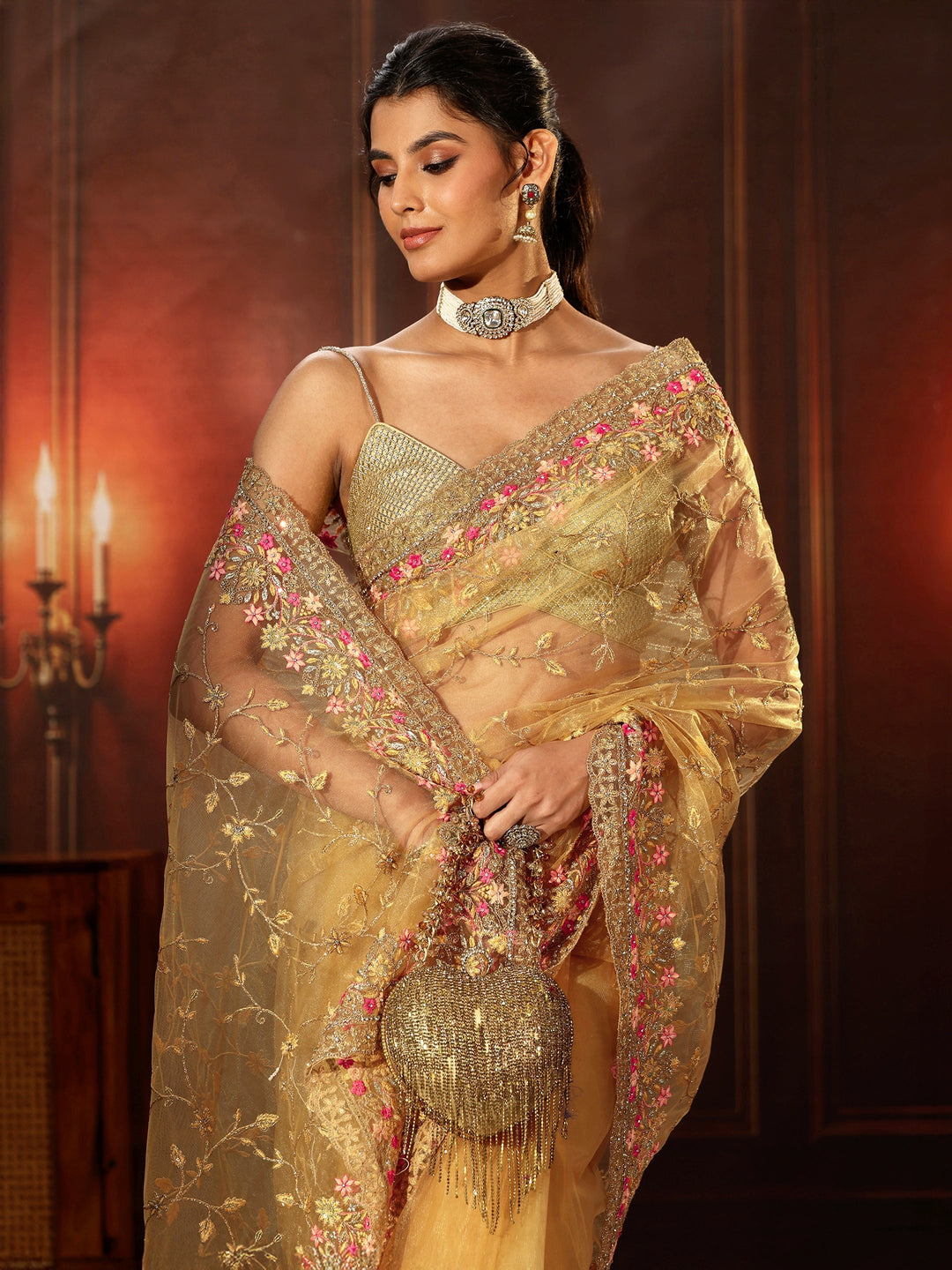  Libas Mustard Floral Embroidered Net Saree 