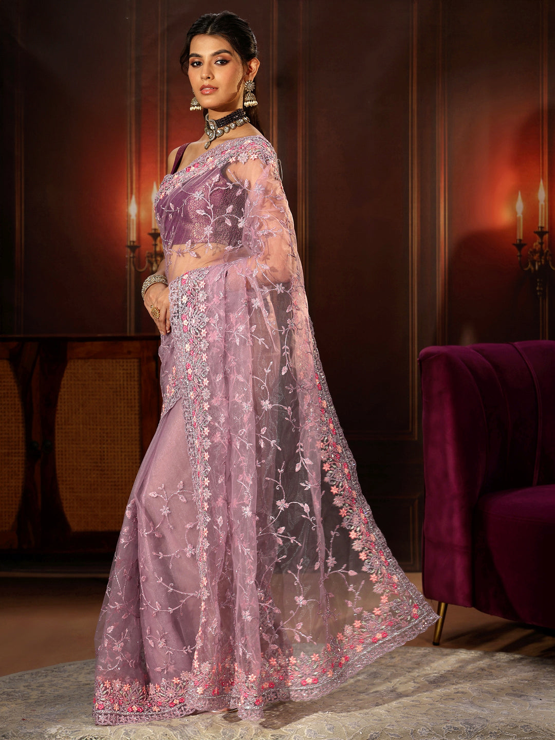  Libas Lavender Floral Embroidered Net Saree 