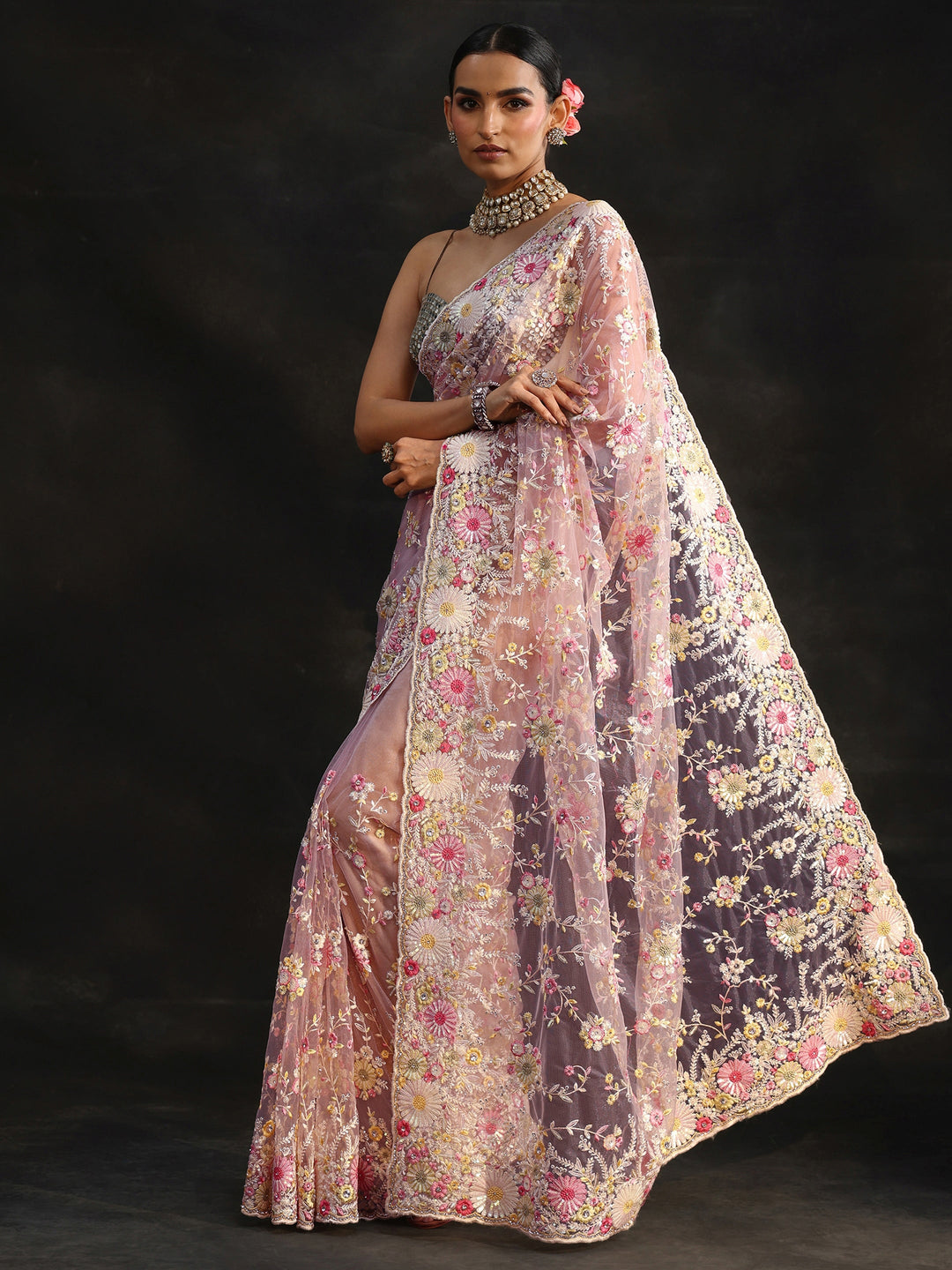  Libas Art Baby Pink Floral Embroidered Net Saree 