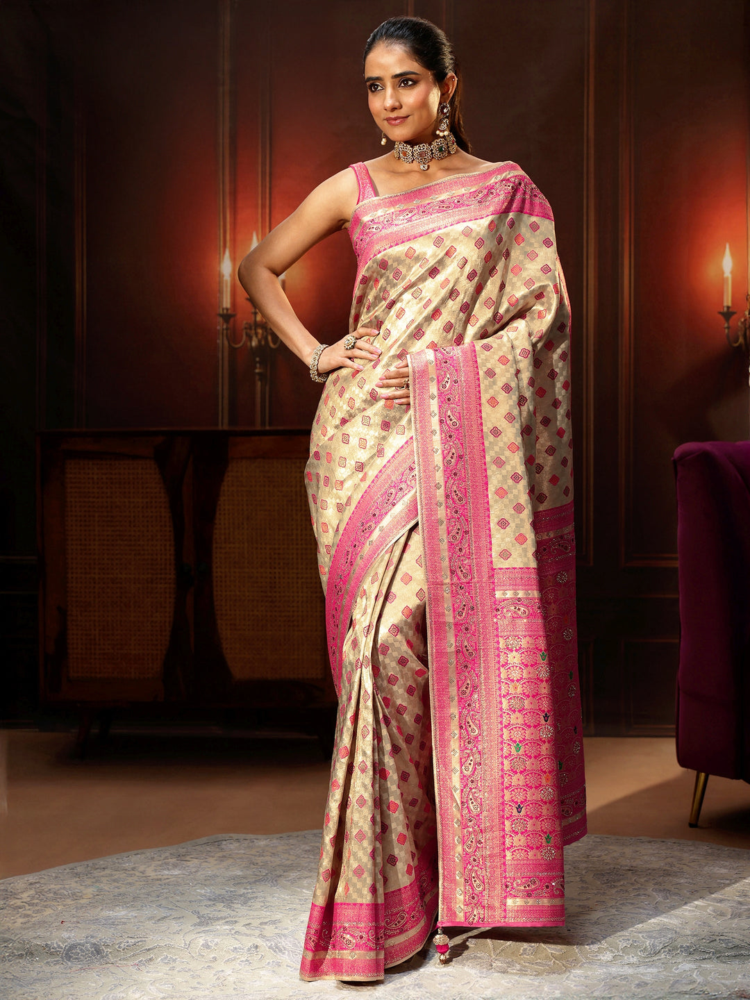  Libas Gold Woven Design Silk Blend Saree with Embellished Pallu 