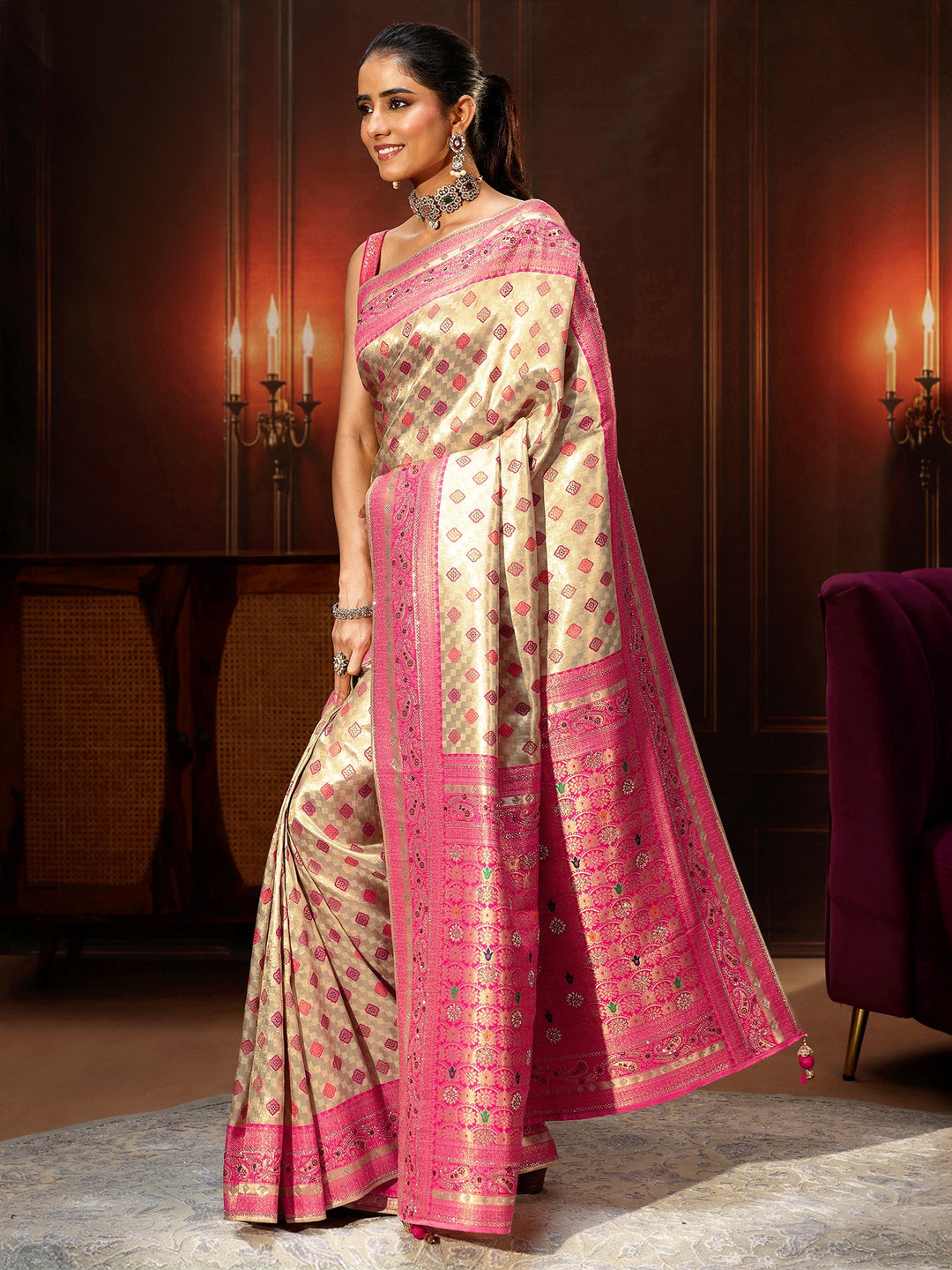  Libas Gold Woven Design Silk Blend Saree with Embellished Pallu 