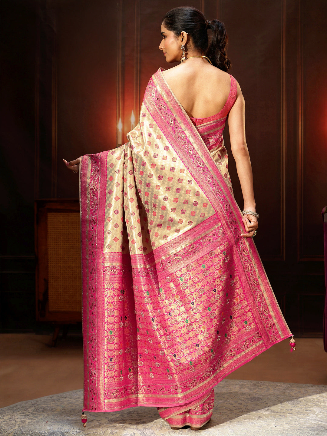  Libas Gold Woven Design Silk Blend Saree with Embellished Pallu 