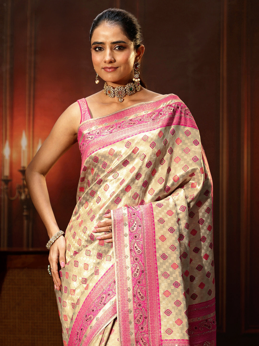  Libas Gold Woven Design Silk Blend Saree with Embellished Pallu 