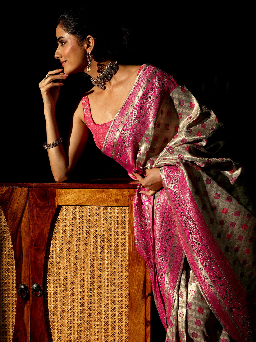  Libas Gold Woven Design Silk Blend Saree with Embellished Pallu 