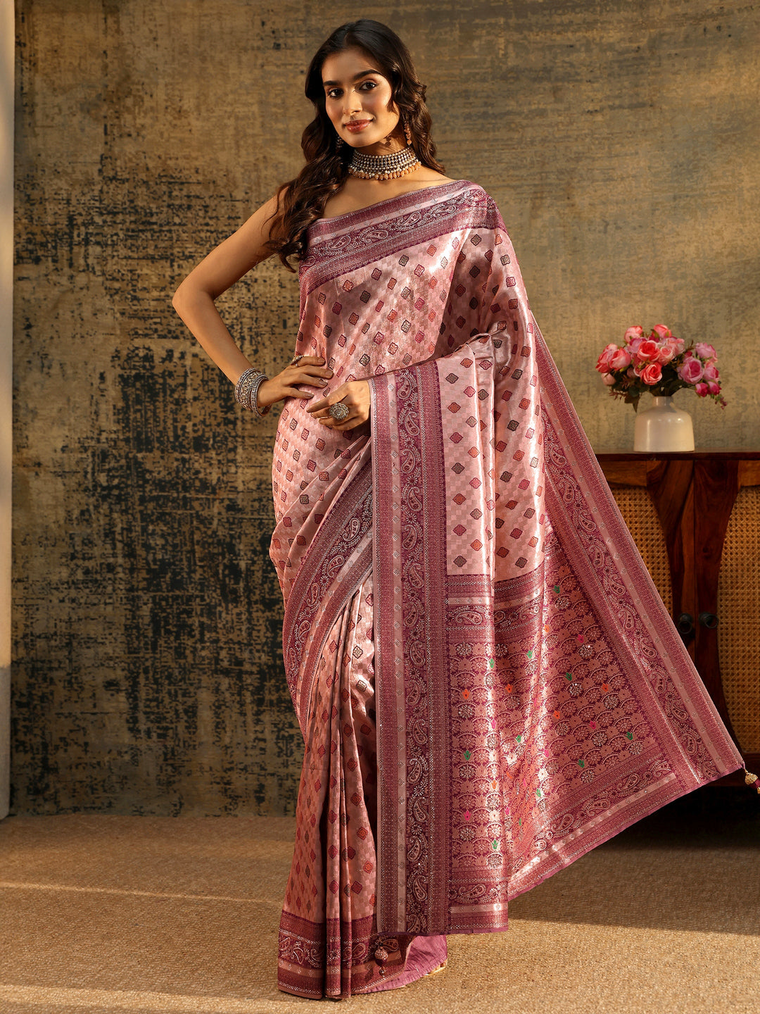  Libas Lilac Woven Silk Blend Saree with Paisley Embellished Border 