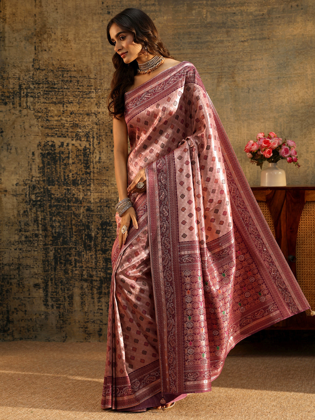  Libas Lilac Woven Silk Blend Saree with Paisley Embellished Border 