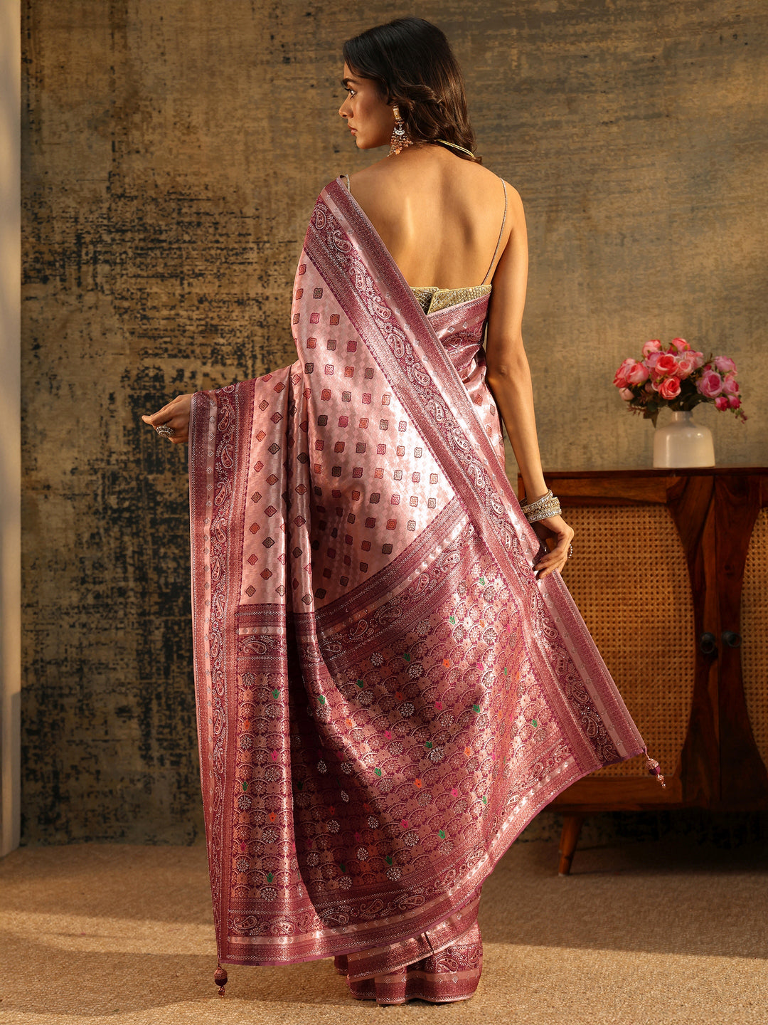  Libas Lilac Woven Silk Blend Saree with Paisley Embellished Border 