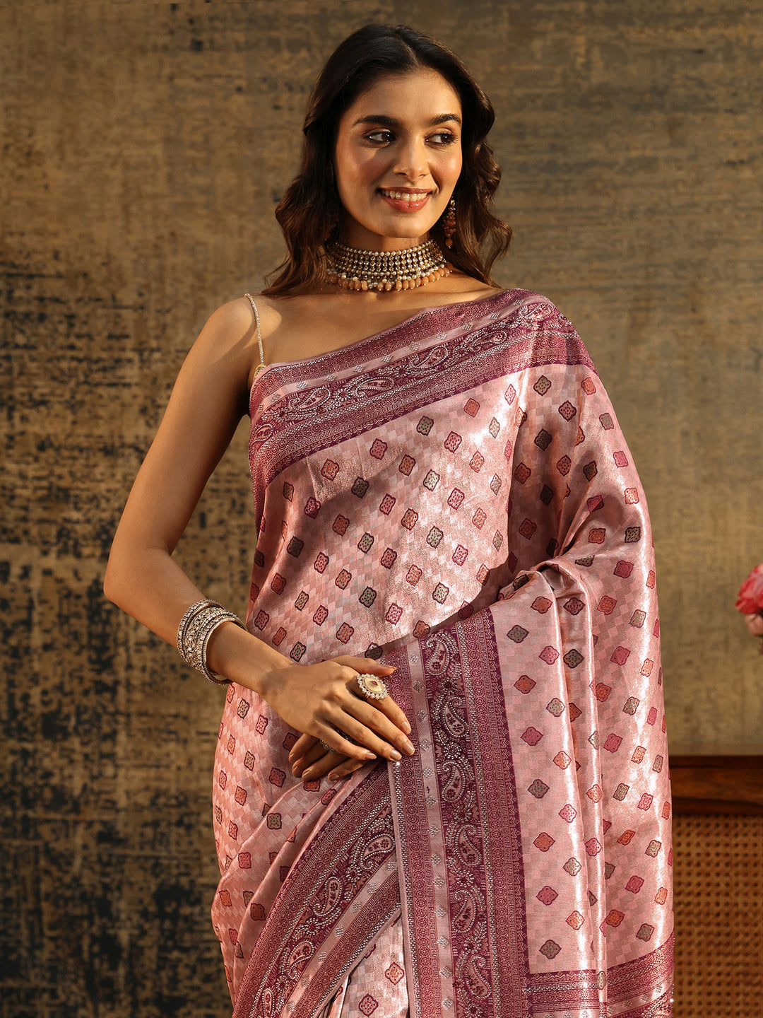  Libas Lilac Woven Silk Blend Saree with Paisley Embellished Border 