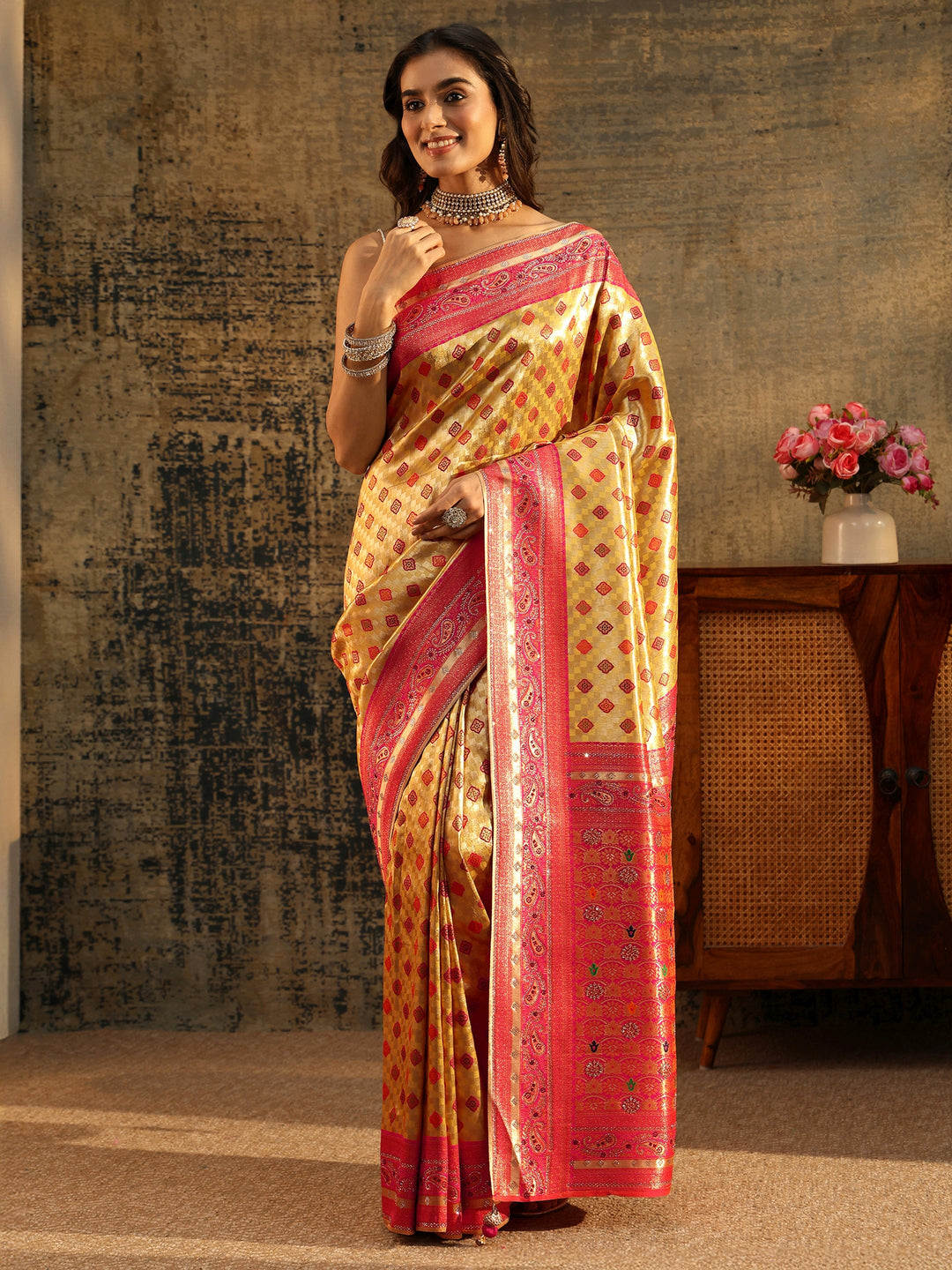  Libas Mustard Woven Silk Blend Saree with Paisley Embellished Border 